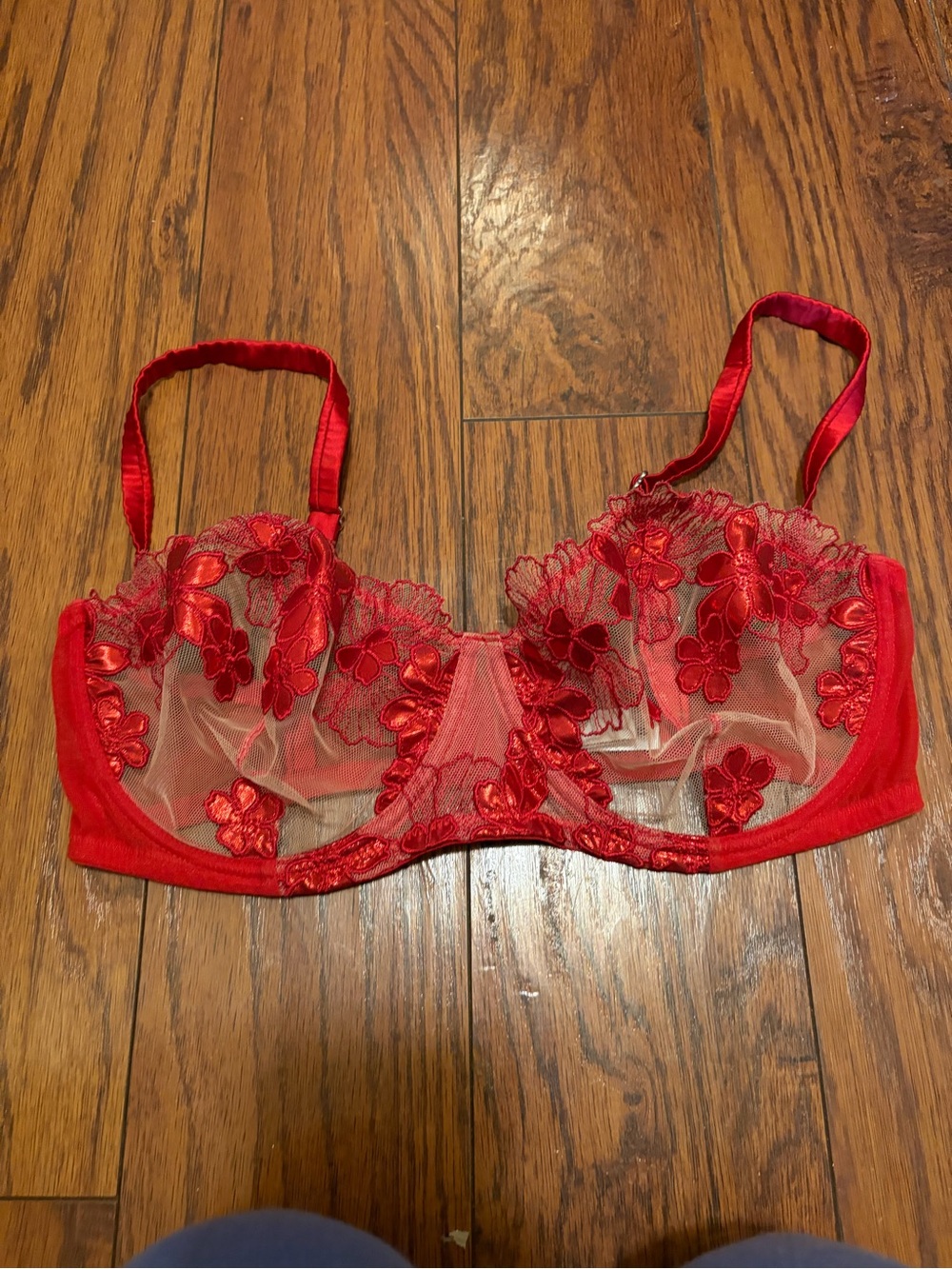 Sheer Floral Embroidered Red Underwire Bra - Women's Intimates